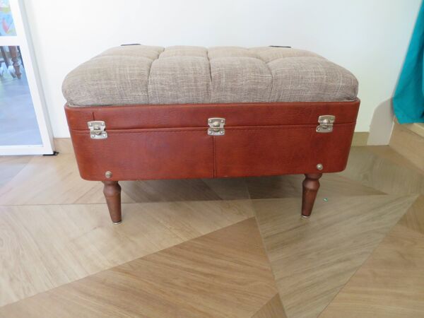 Unique-petit banc vintage-ottoman-tabouret-style colonial - valise