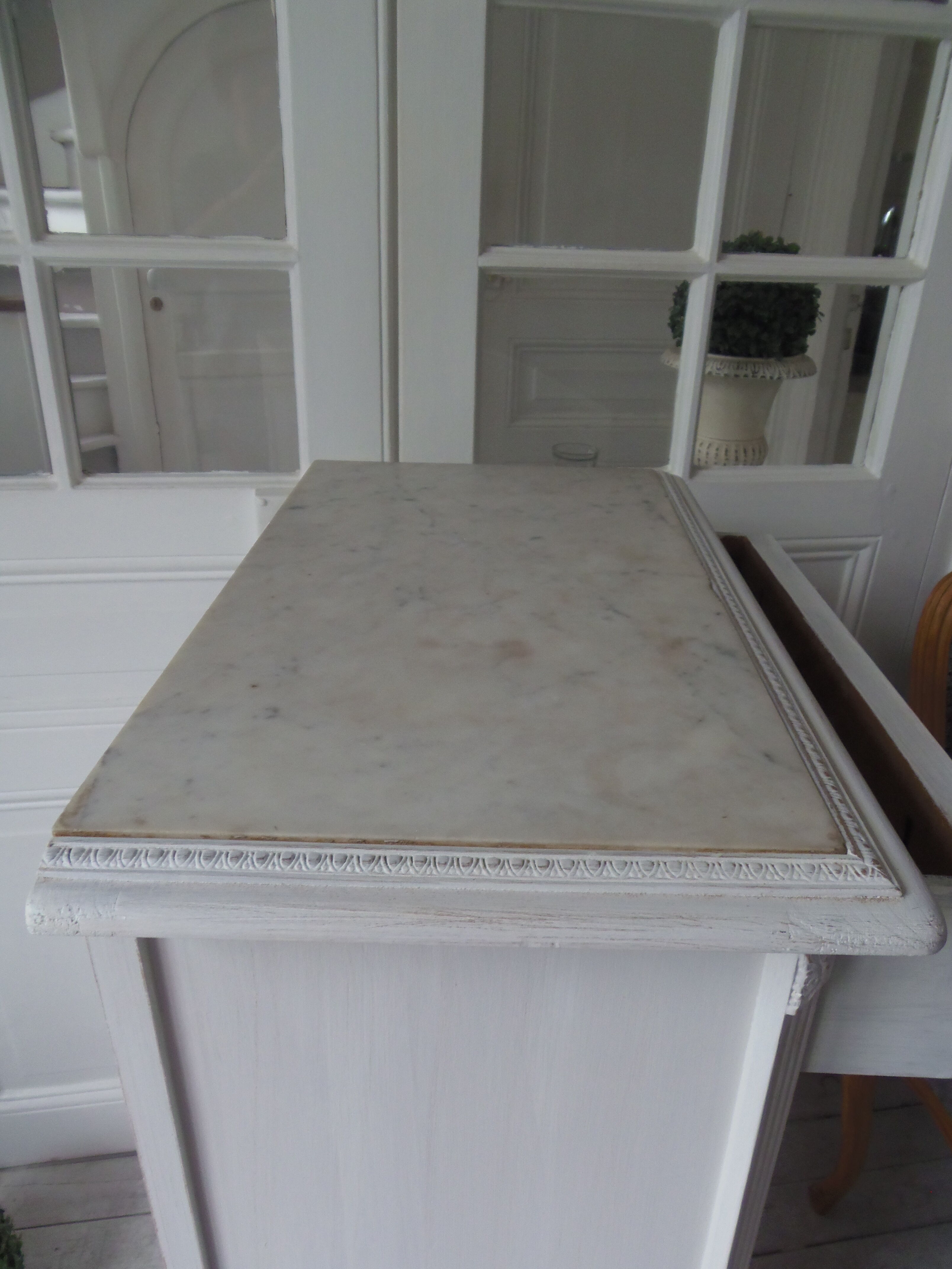 Louis XVI style furniture patinated pearl grey, marble tray