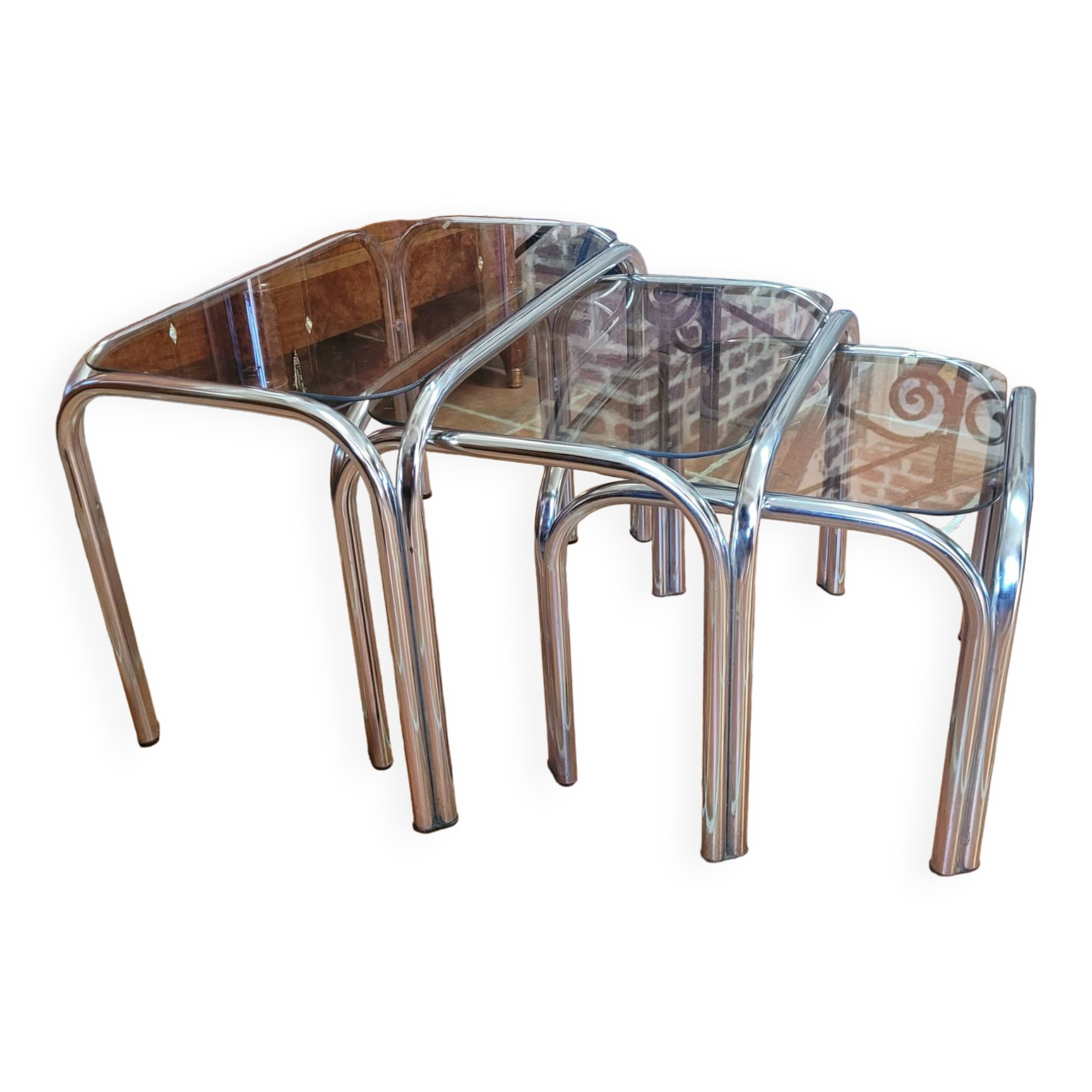 Chrome and smoked glass nesting table from the 70s