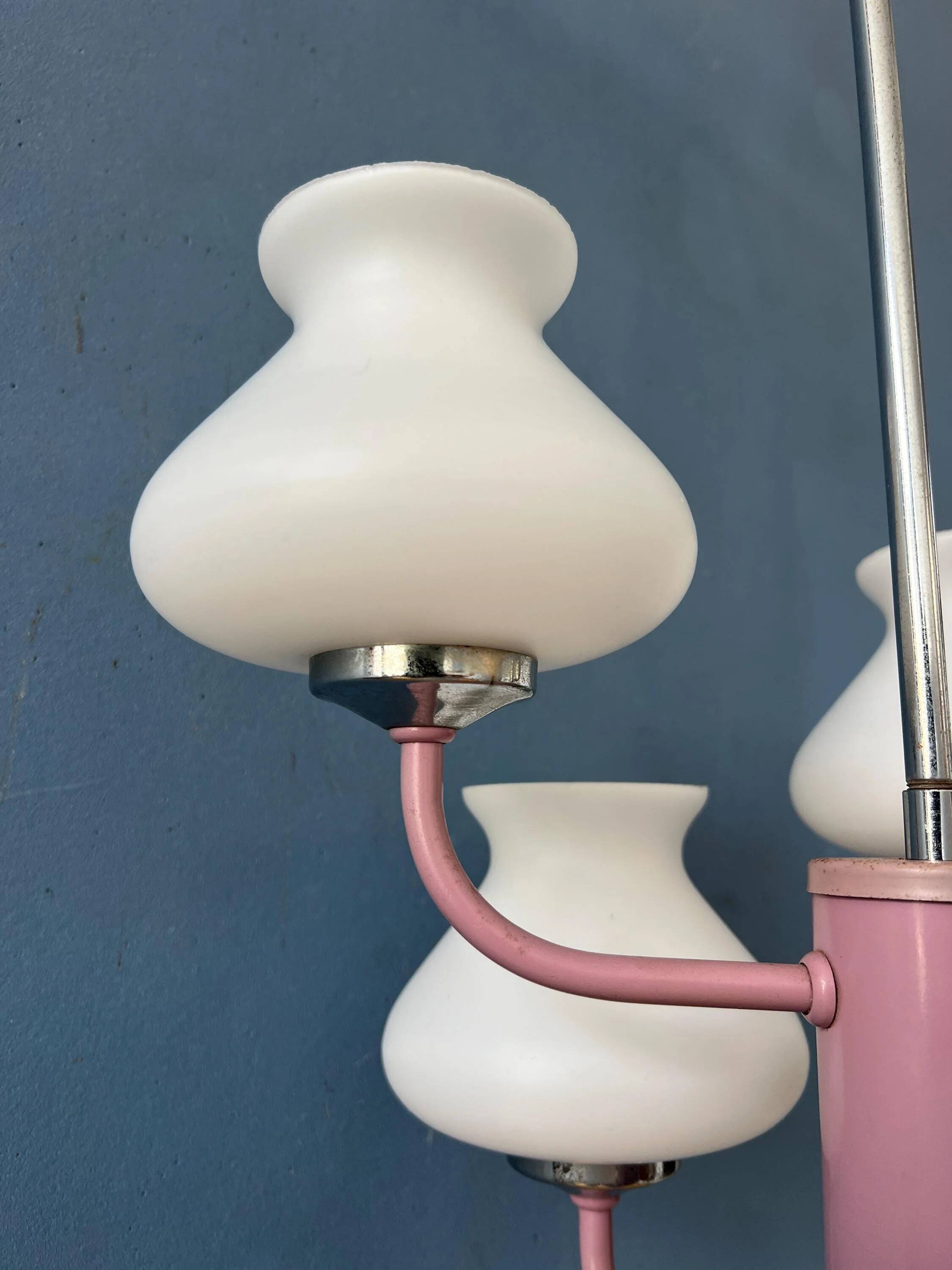 Mid-century opaline glass chandelier with a pink structure.
