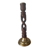 Antique Turned Wooden Candlestick (Openwork Twisted) and Brass - 19th Century