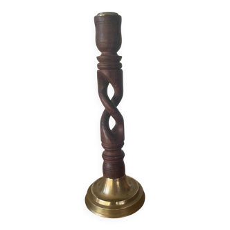 Antique Turned Wooden Candle Holder (Openwork Twisted) and Brass - 19th Century