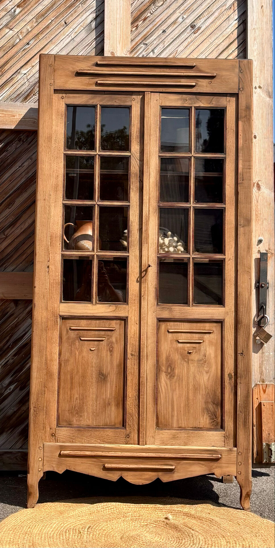 Antique glass-fronted cabinet in raw solid oak: display cabinet bookshelf.