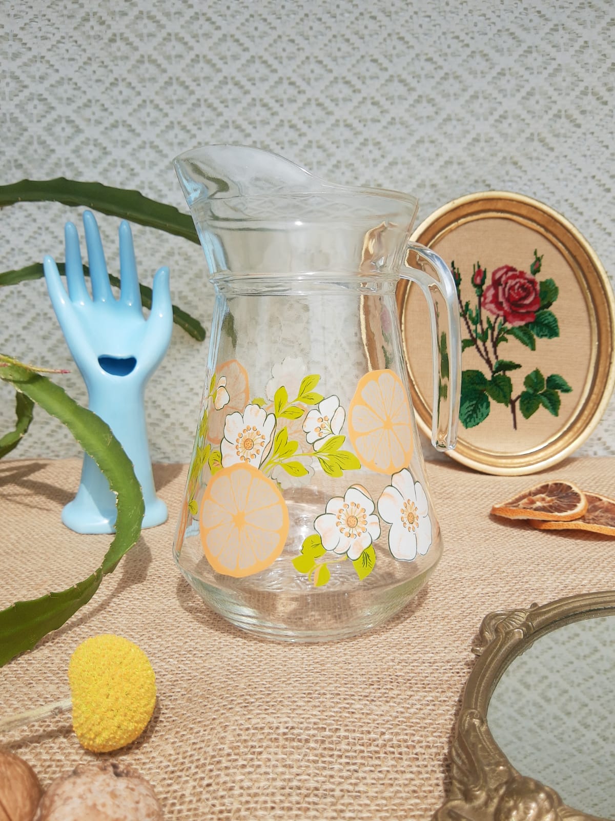 Carafe patterns flowers in glass -vintage