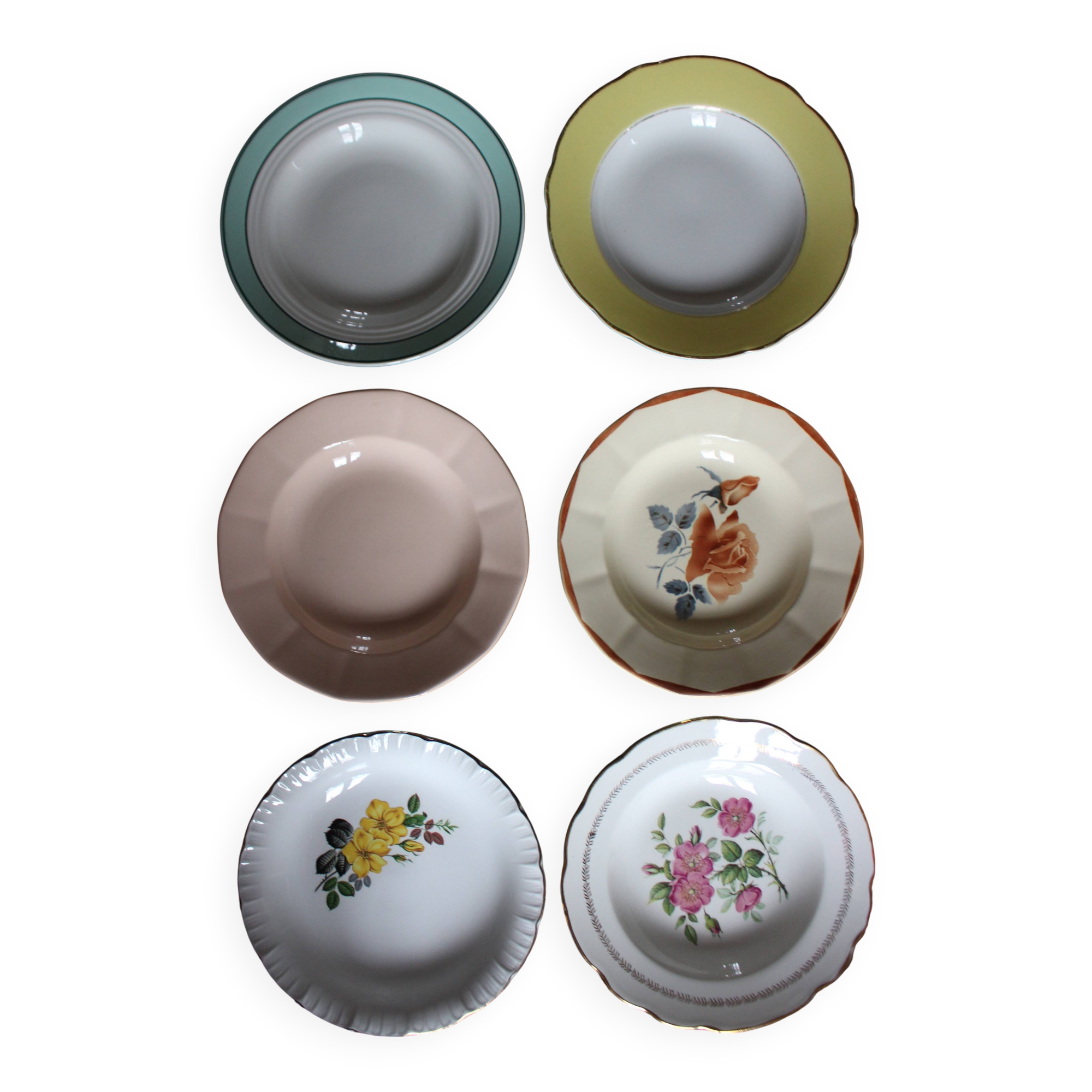 6 mismatched deep plates in floral colours from Digoin, Sarreguemines, Gien.