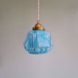 Suspension art déco en verre moucheté bleu, années 1920-30