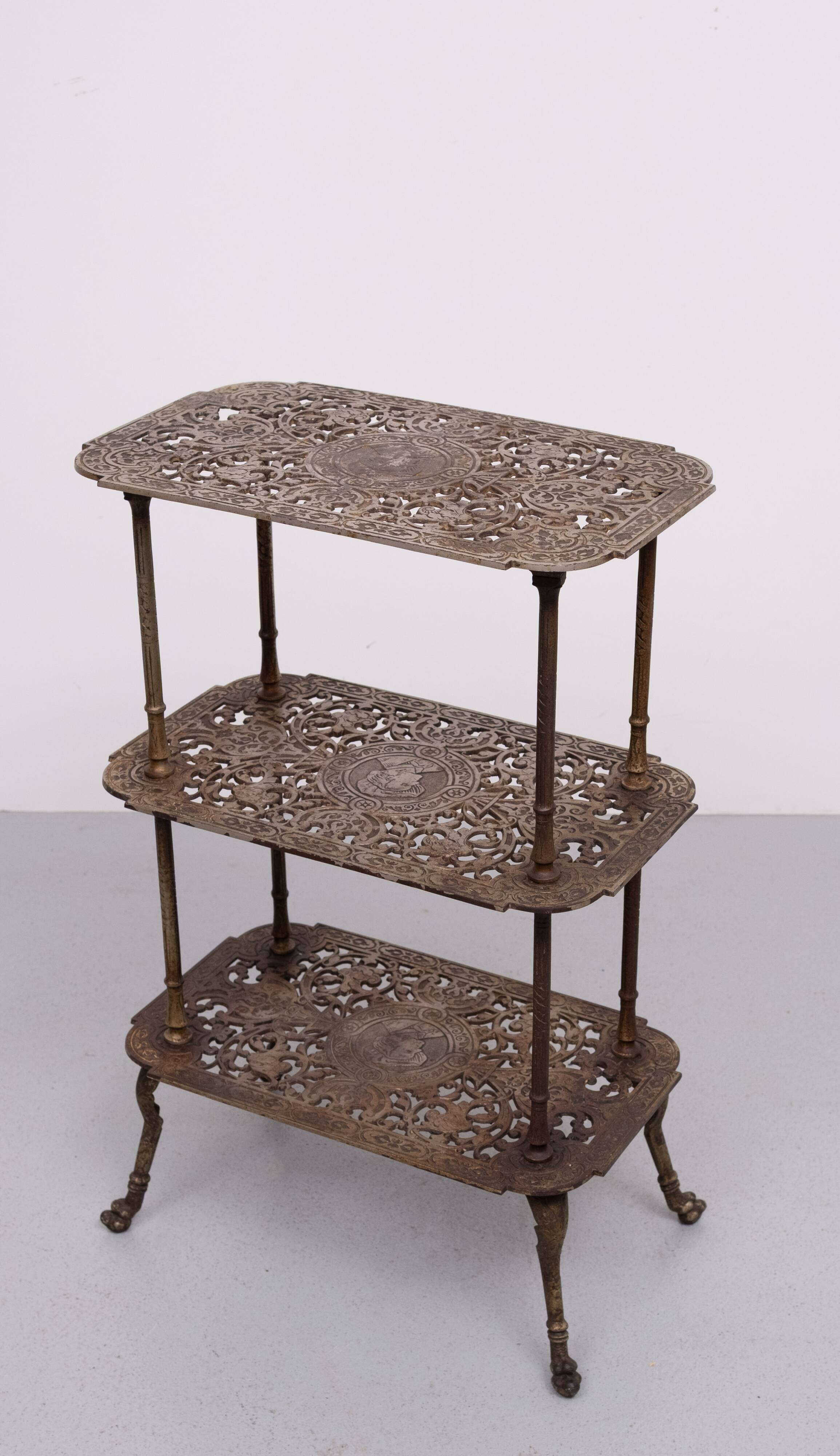Antique Ornate Cast Iron French Brass 3 tier side table.