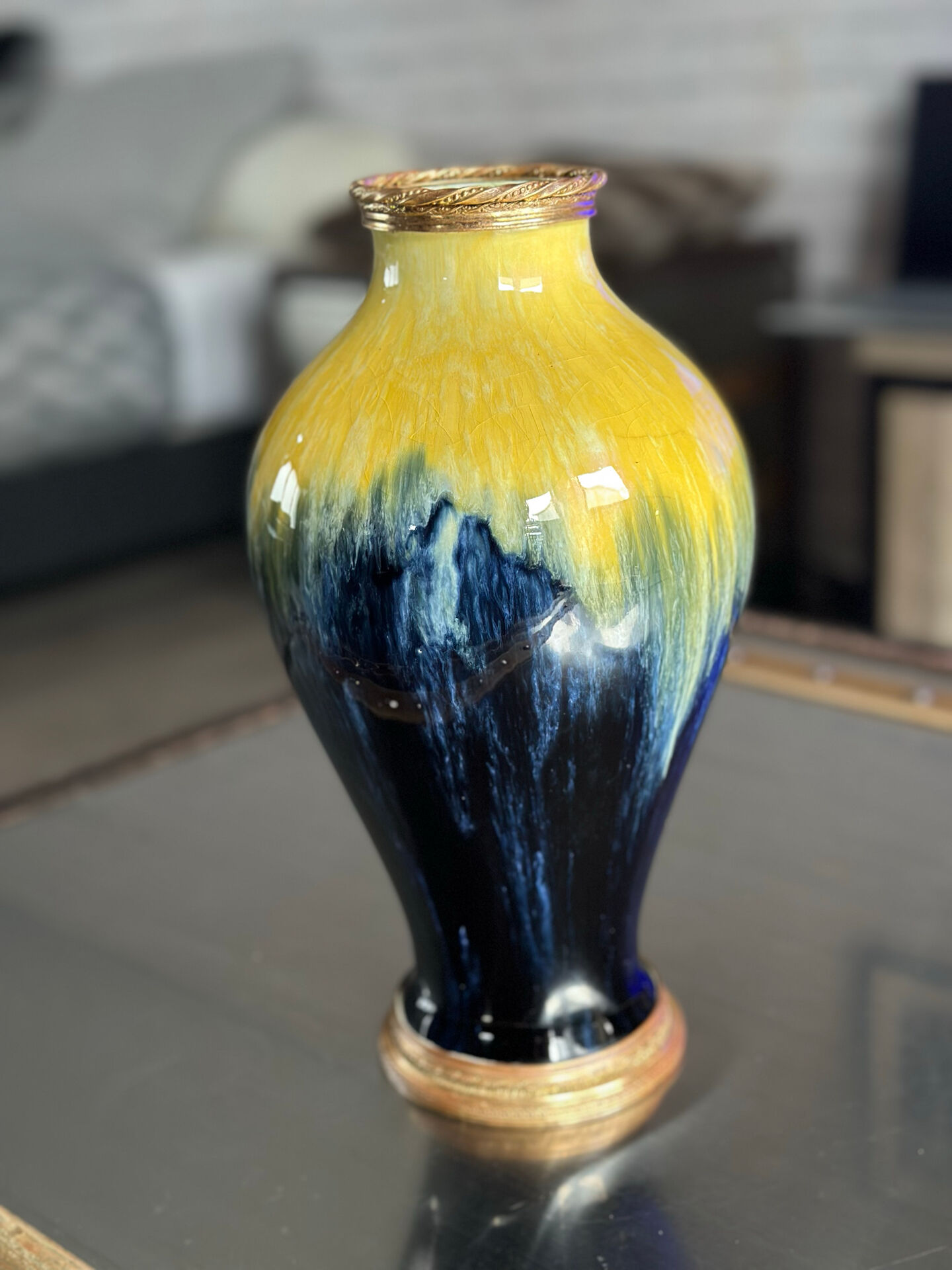 Art Deco vase in yellow and blue flamed earthenware - Shape 485, circa 1930