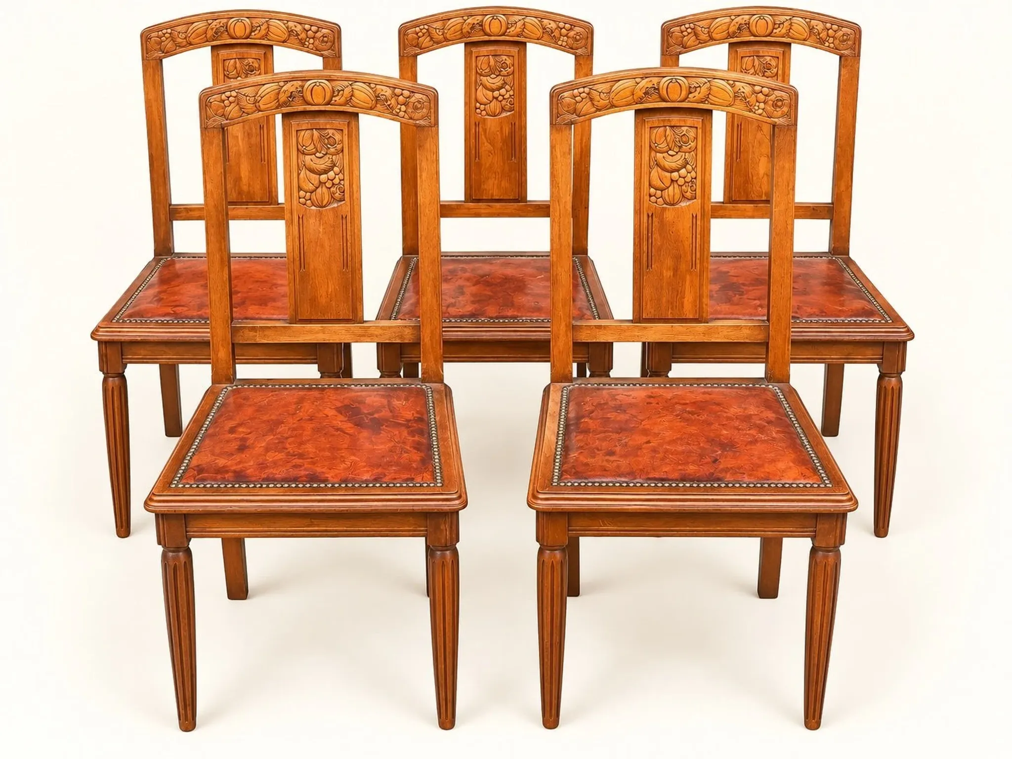 5 Art Deco Chairs in Carved Walnut, Upholstered with Studded Leather – 1920s