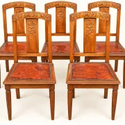5 Art Deco Chairs in Carved Walnut, Upholstered with Studded Leather – 1920s