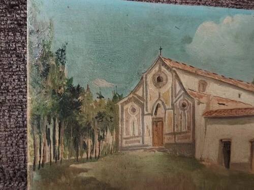 Oil painting fortunato giulio faini 1869-1952 basilica montefiesole