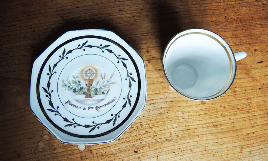 Ancient Cup And Saucer In Porcelain First Communion