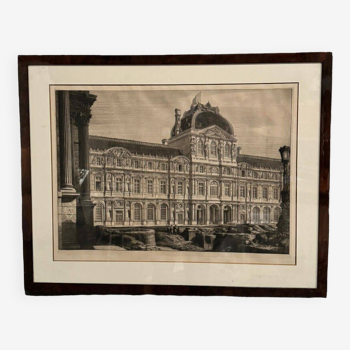 19th century engraving of the Louvre facade of Henri II by Octave Guillaume Rochebrune