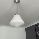 Chandelier art deco, opaline and chrome metal, France 1930