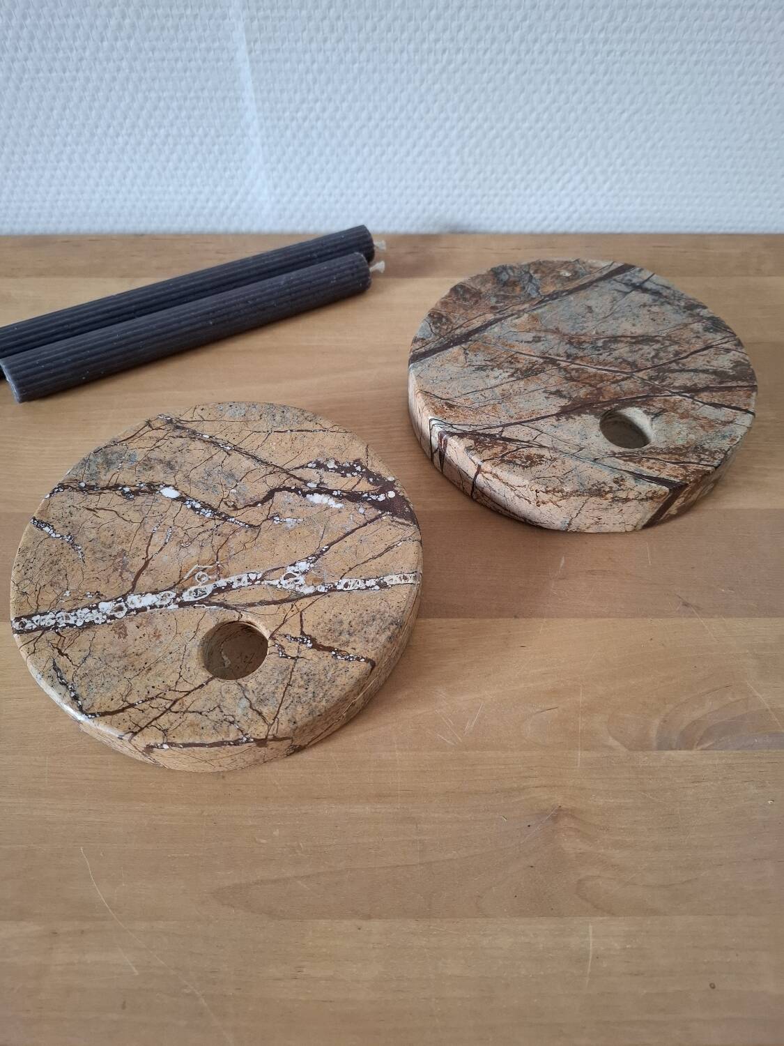 Pair of circular marble candlesticks from the 80s