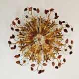 Large floral ceiling light in gilded metal and crystal, Banci Firenze, 1970.