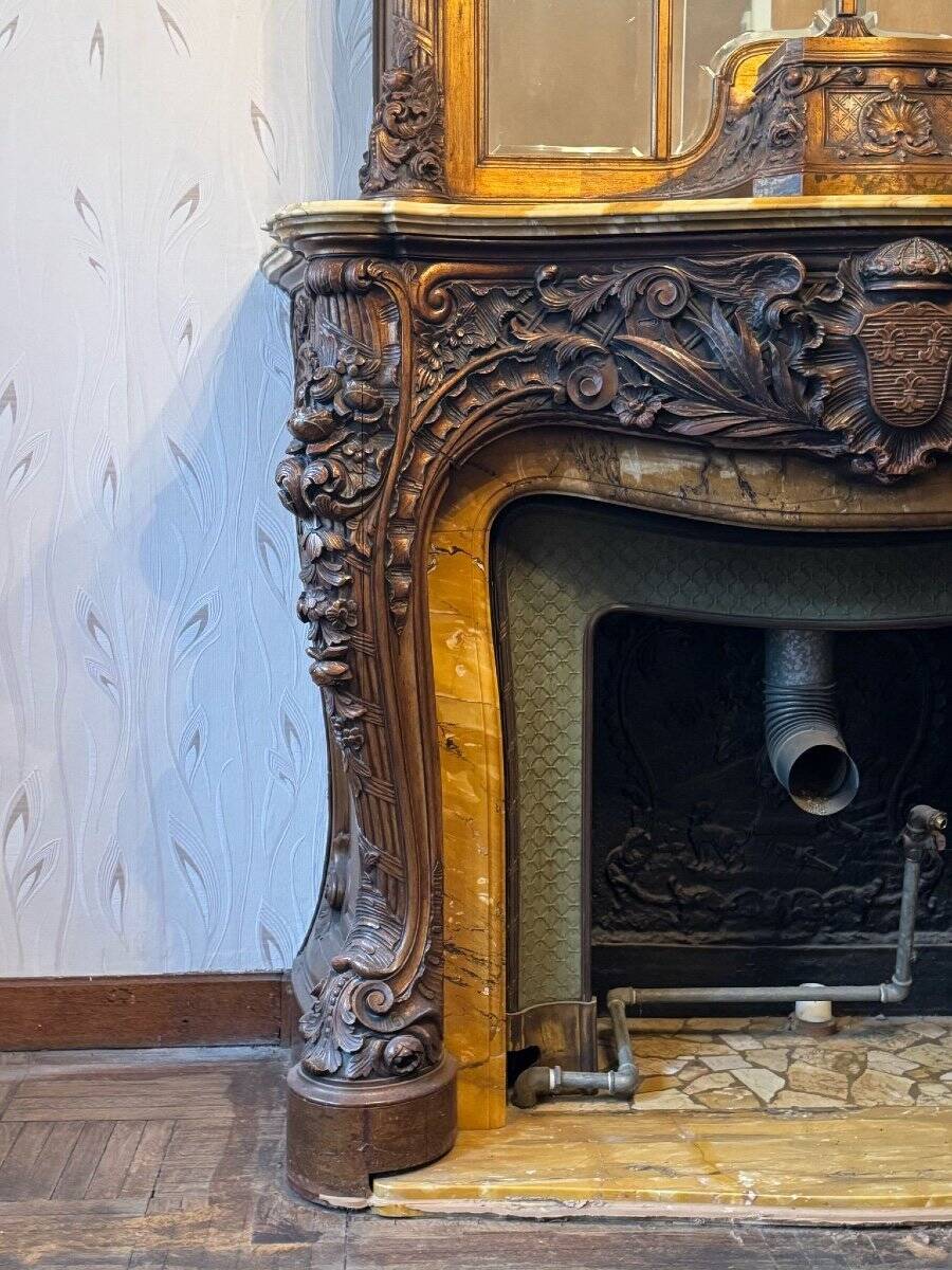 Impressive Fireplace And Its Trumeau In Carved Wood Underlined With Marble