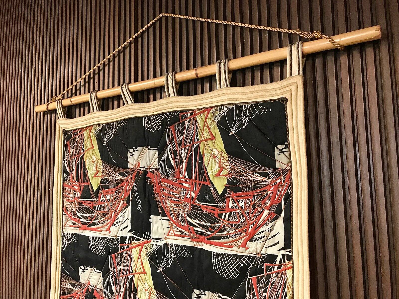 Tapestry wall hanging with sailing boats motif on bamboo rod, Italy 1940s