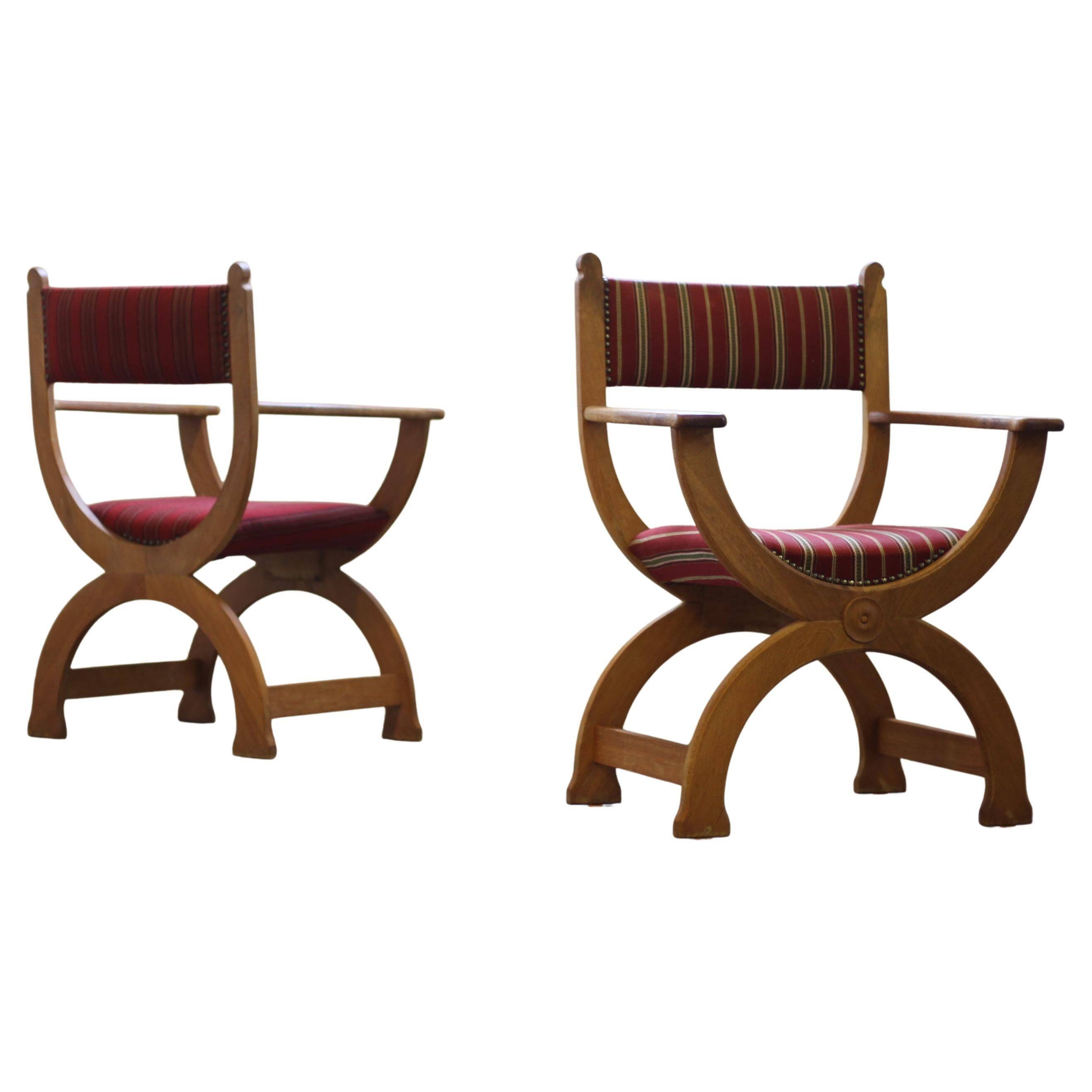 Vintage 1960s Brutalist Kurul Armchairs in Oak - style of Henning Kjærnulf