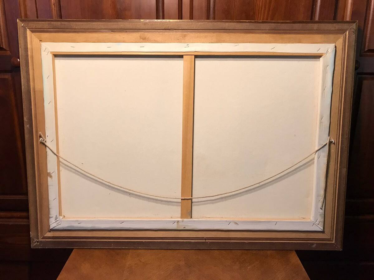 Oil on canvas john luini marine view boats + golden frame