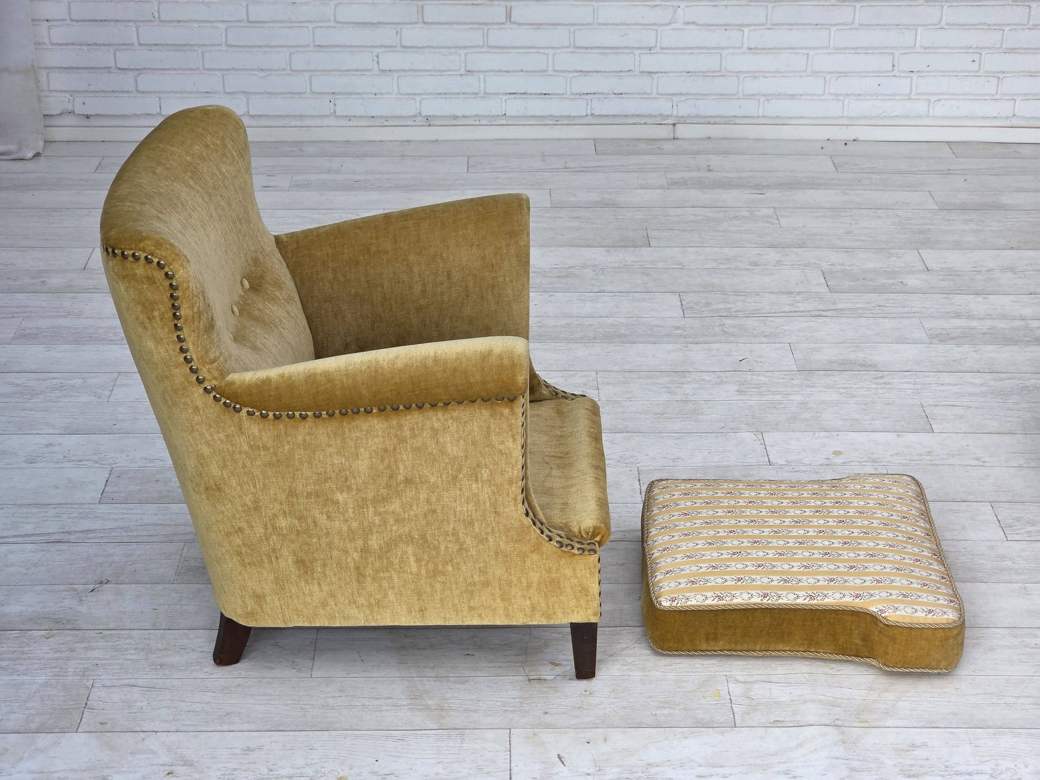 1960s, Danish armchair, honey-yellow furniture velour, original condition.