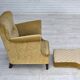 Fauteuil danois des années 1960, velours d'ameublement jaune miel, état d'origine.