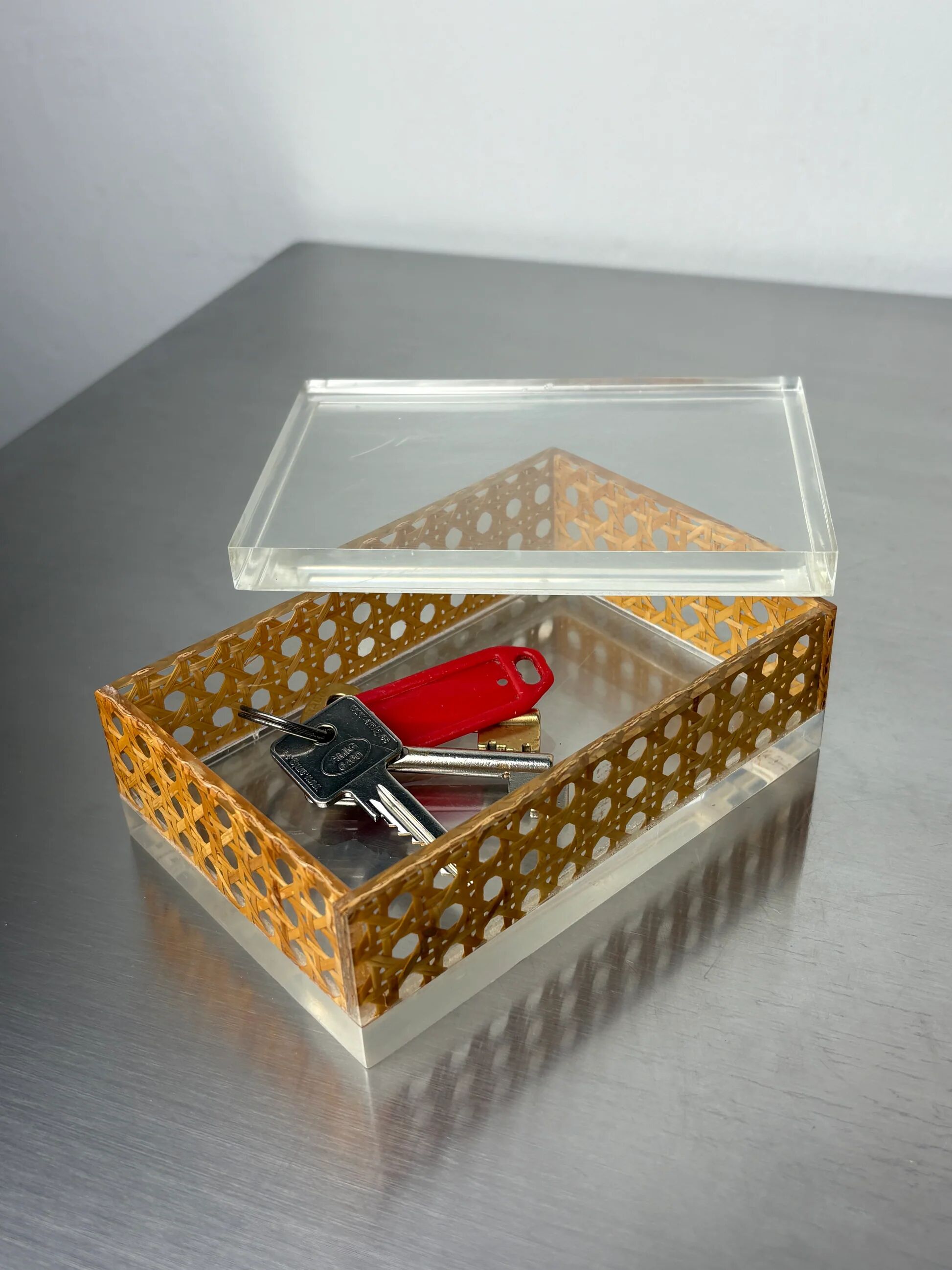 Lucite & rattan vanity box, Christian Dior style, 1970s
