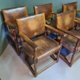 6 Oak Armchairs With Leather, Mid 20th Century