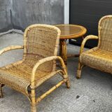 Vintage rattan garden furniture – complete set with sofa and armchairs.