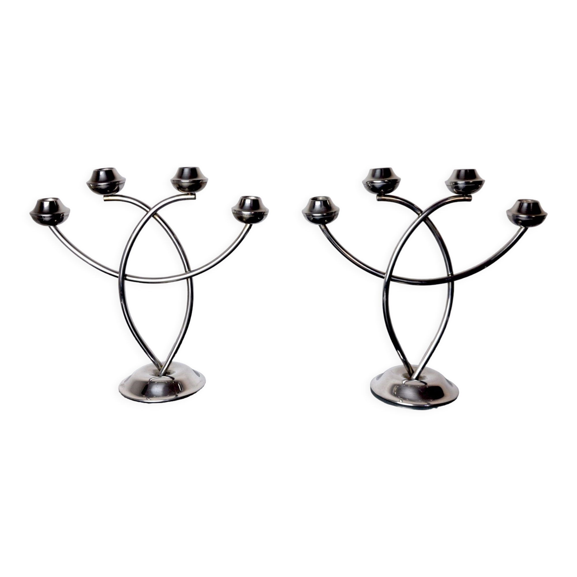 Pair of art deco candle holder in stainless steel 4 flammes, spain, 1970
