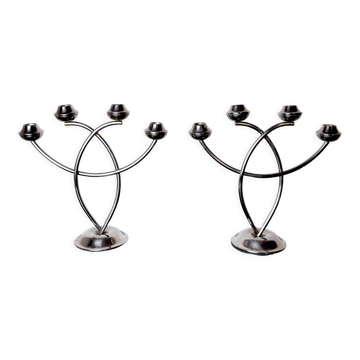 Pair of art deco candle holder in stainless steel 4 flammes, spain, 1970
