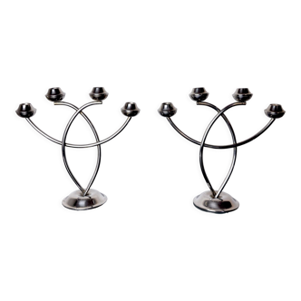 Pair of art deco candle holder in stainless steel 4 flammes, spain, 1970