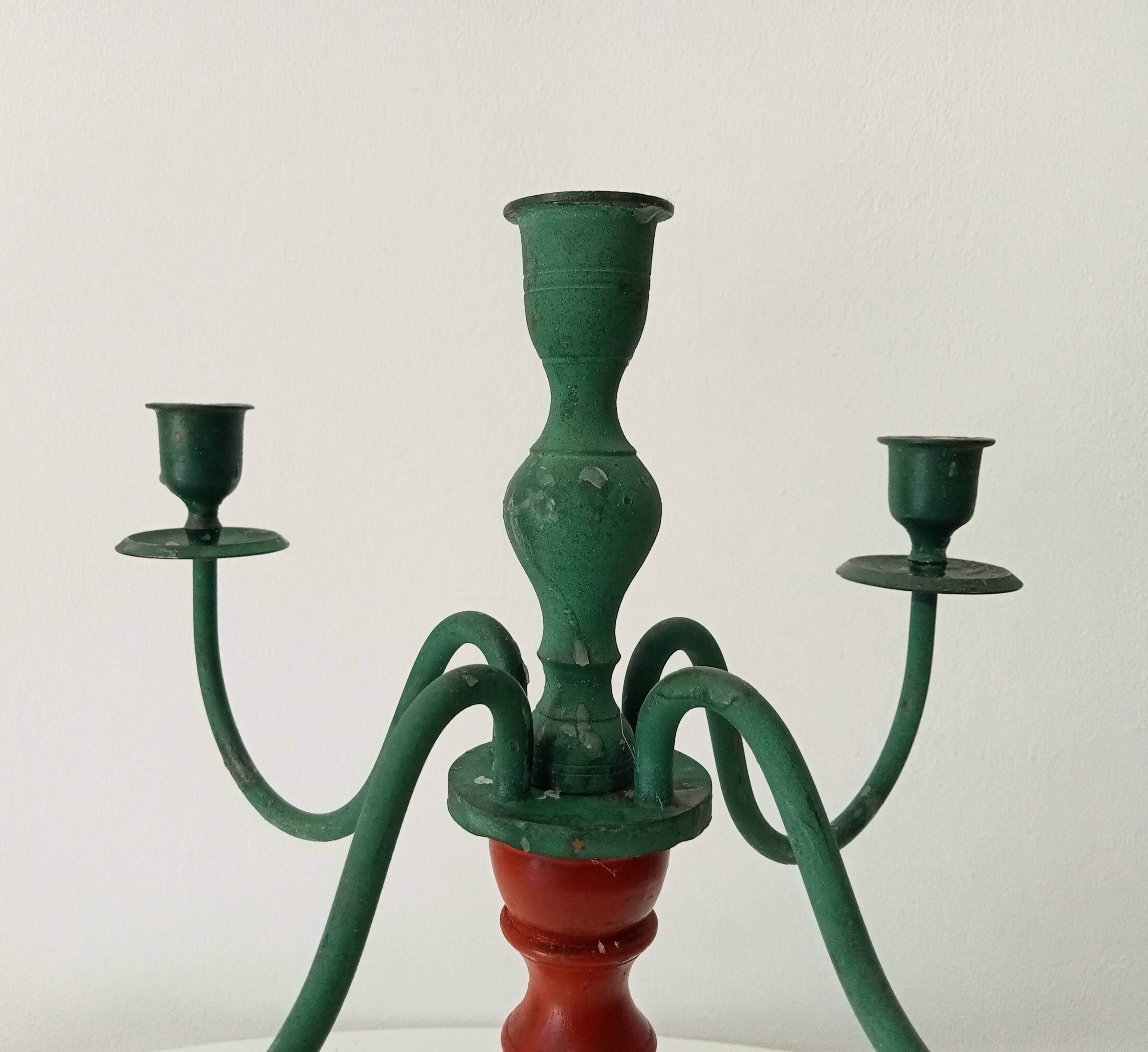 Antique 4-branch wood and metal candlestick