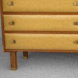Vintage buffet/commode from the 50s-60s – Wood and mustard faux leather fronts.