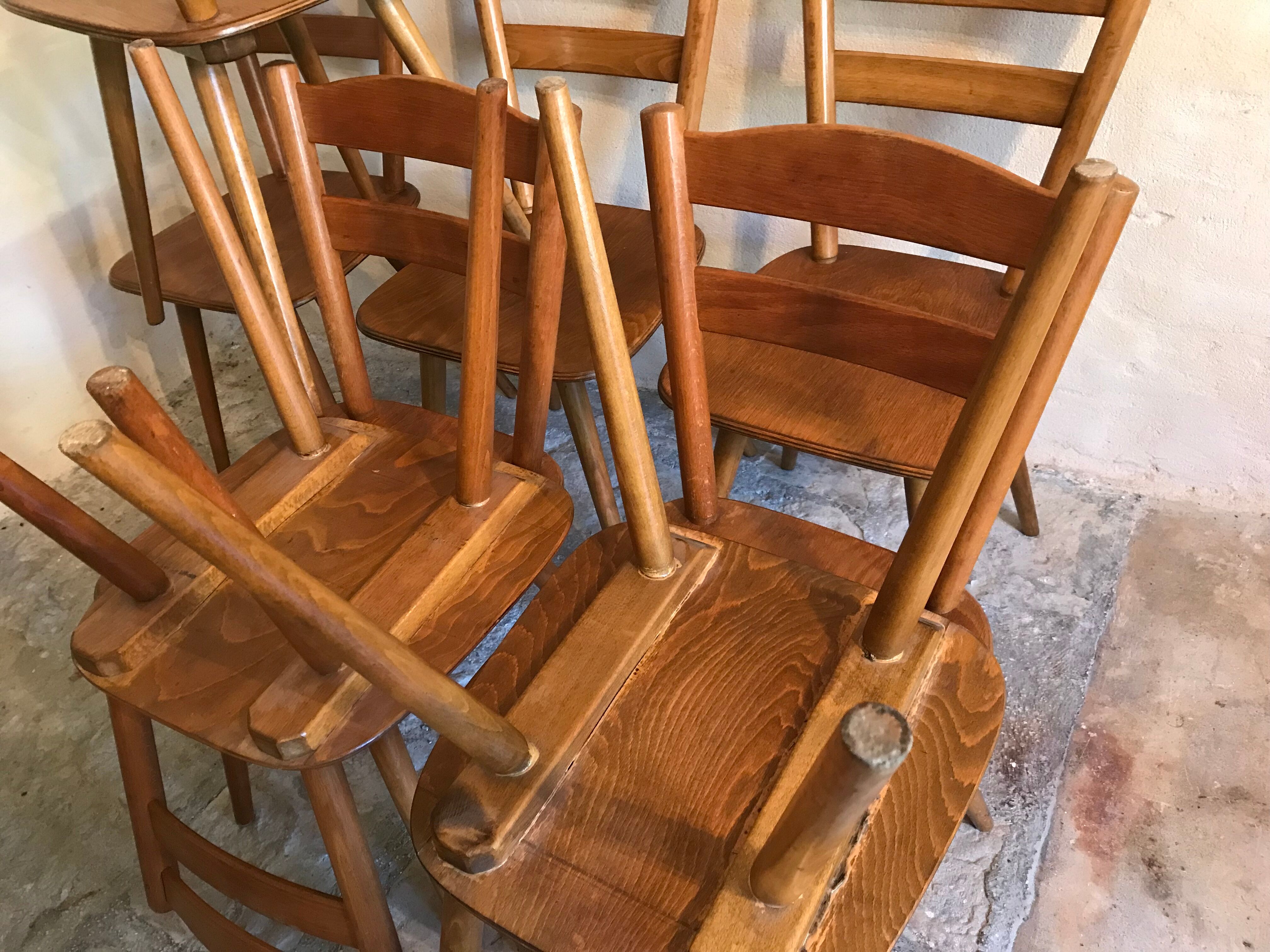 Set of 8 vintage beech chairs compass feet 1960's