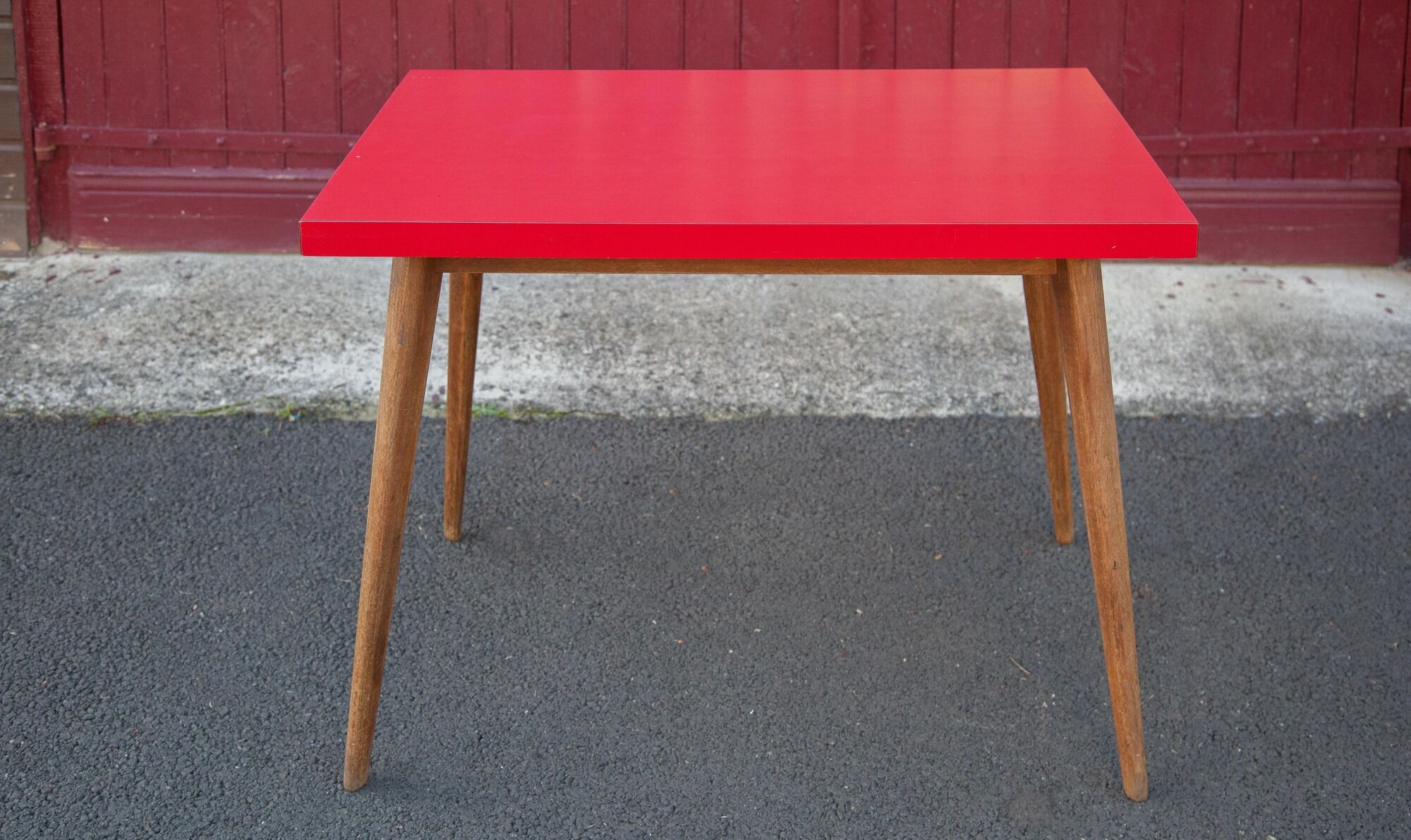 Vintage bistro table wooden table and red formica feet compass, kitchen, countryside