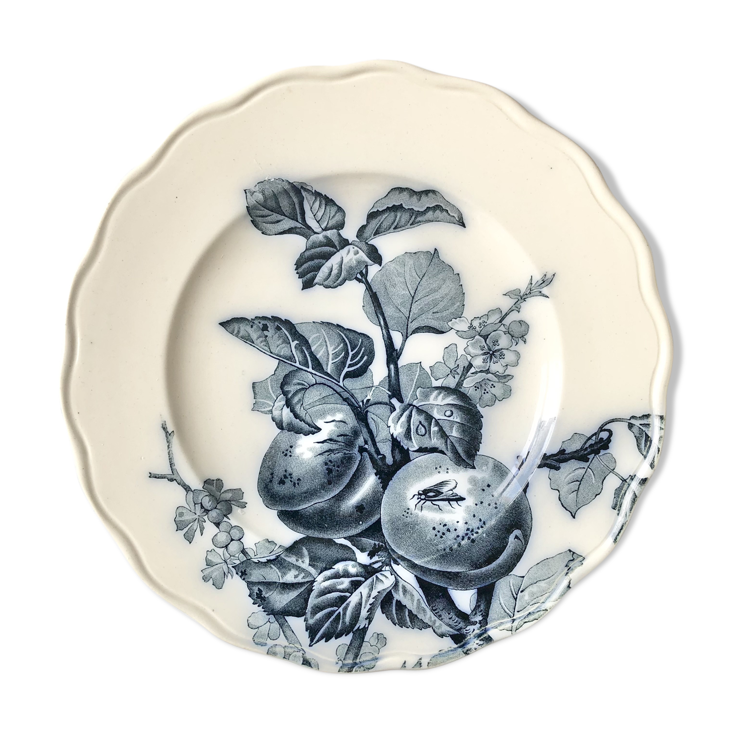 Former round cake dish on foot with blue printed decoration BWM and Co. Brown Westhead Moore - Co