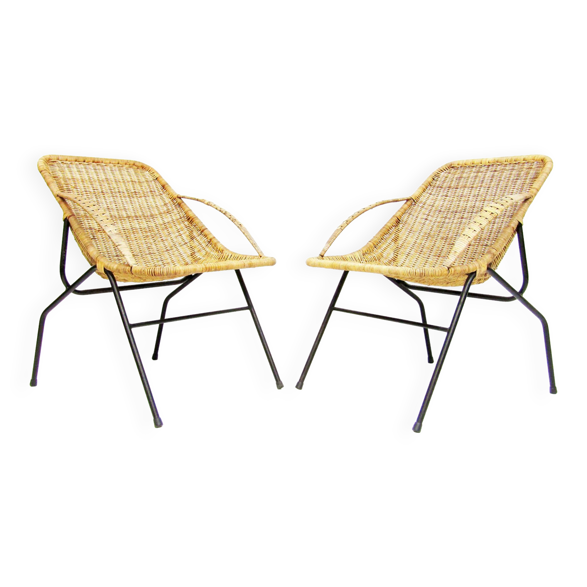 Pair Of 1950s French "Gazelle" Chairs In Rattan Wicker & Tubular Steel