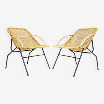 Paire de chaises "Gazelle" françaises des années 1950 en rotin, osier et acier tubulaire