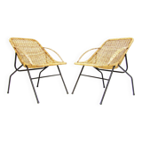 Pair Of 1950s French "Gazelle" Chairs In Rattan Wicker & Tubular Steel