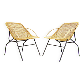 Pair Of 1950s French "Gazelle" Chairs In Rattan Wicker & Tubular Steel