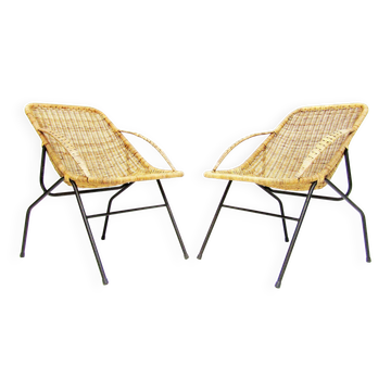 Paire de chaises "Gazelle" françaises des années 1950 en rotin, osier et acier tubulaire