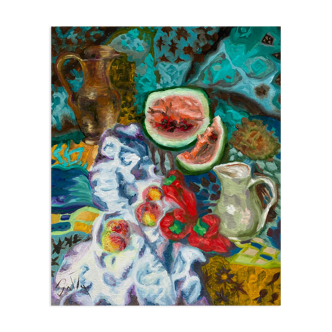 Table "Still Life in the Pasteque" HSP signed, André Claudot's school