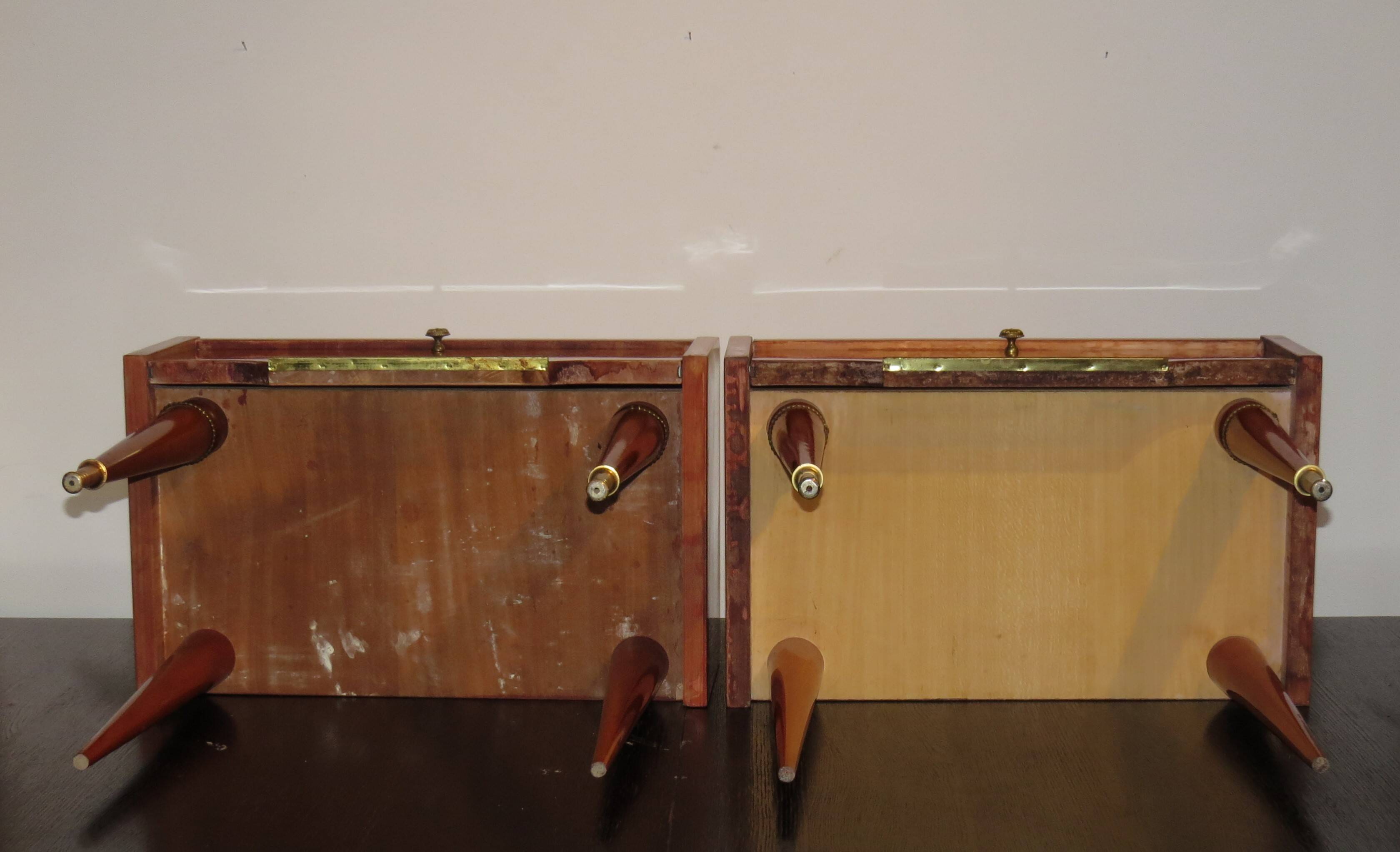 Pair of 60s veneer bedside tables with brass decorations