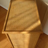 Chest of drawers vintage wood and rattan blond 4 drawers ca 1970