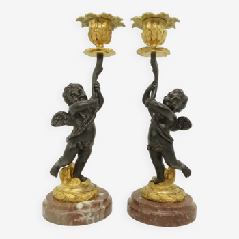 Pair of 19th century Louis XVI style putti candlesticks - bronze