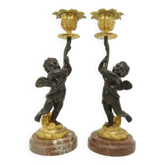 Pair of 19th century Louis XVI style putti candlesticks - bronze