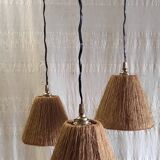 Scandinavian style three-light pendant in teak and sisal - 1960s/70s