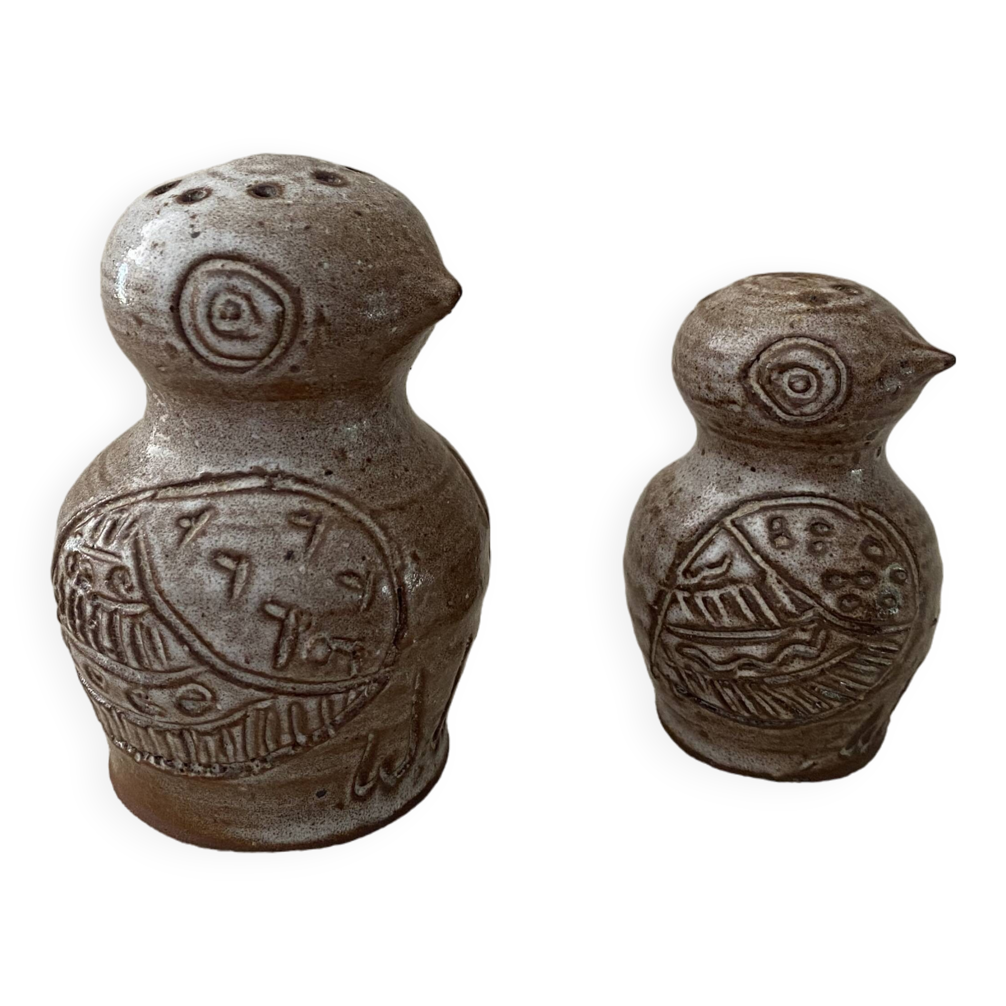 Stoneware owl salt and pepper shakers by Jeanne and Norbert Pierlot