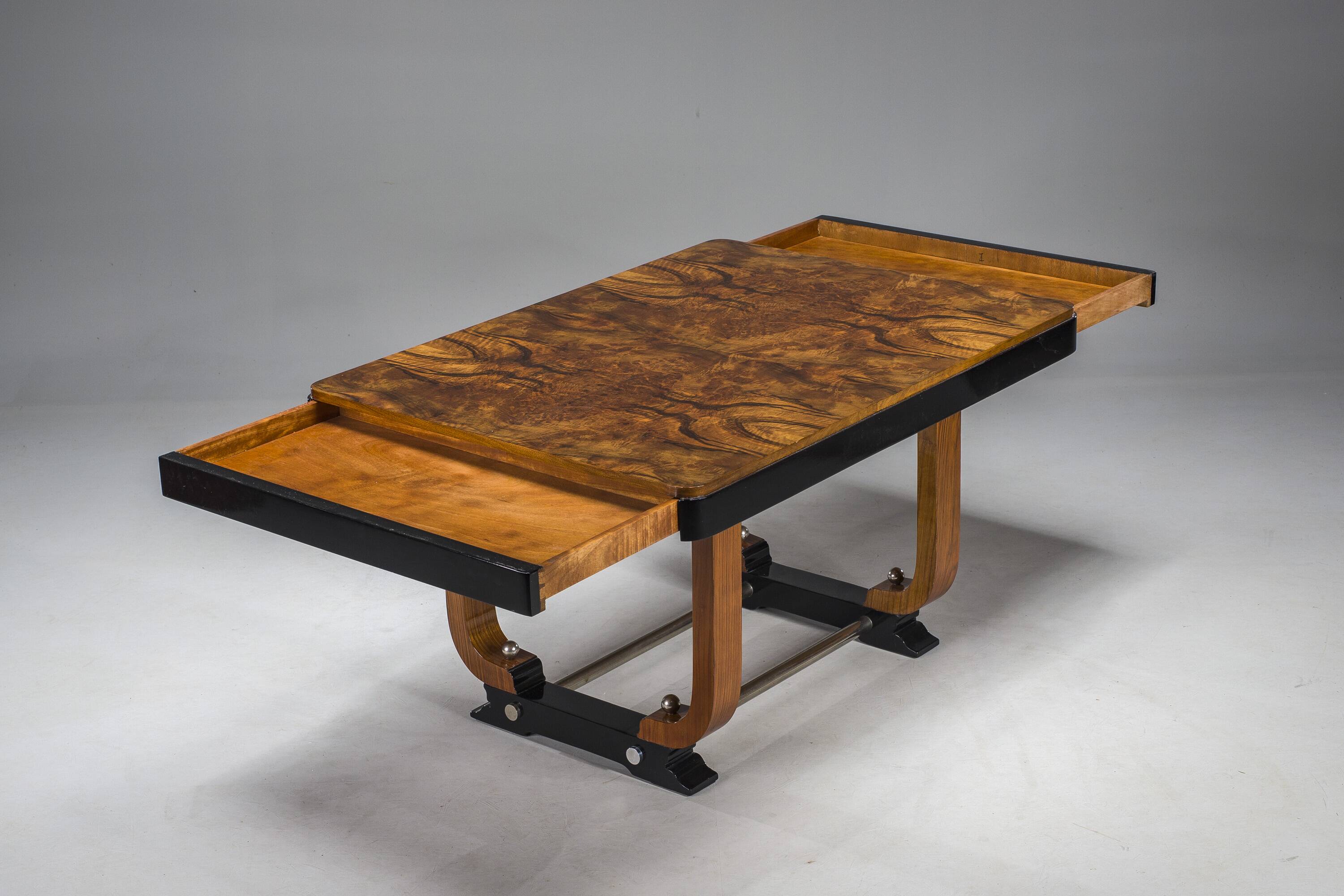 Art Deco French Walnut & Burl Dining Set, 1930s, Set of 7